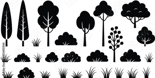 Silhouette of trees and plants, forest vegetation illustration, natural landscape design, tropical and deciduous trees, bushes and grasses artwork