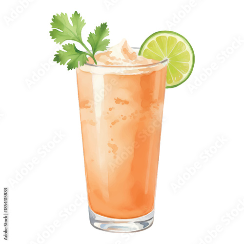 Papaya Sunrise Cocktail Watercolor Vector Illustration Isolated on White Background
