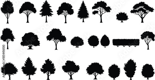 Silhouette of trees collection, forest vegetation illustration, natural landscape design, coniferous and deciduous trees, black and white artwork
