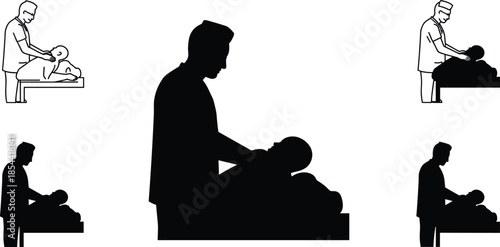 Silhouette of doctor checking patient on examination table, healthcare service, medical treatment, and hospital care illustration on white background artwork
