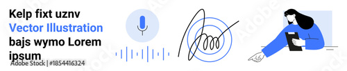 Digital authentication, remote work, voice technology, security validation, data protection, identity verification. Features microphone, sound waves, and digital signature with a remote worker