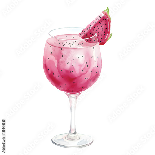 Dragon Fruit Smash Cocktail Watercolor Vector Illustration Isolated on White Background
