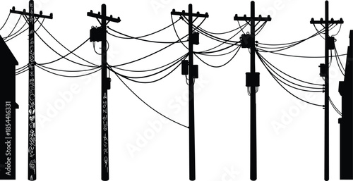 Silhouette of urban electric power poles with transformers, wires, and cables, showing electricity transmission network, voltage infrastructure, and energy distribution system