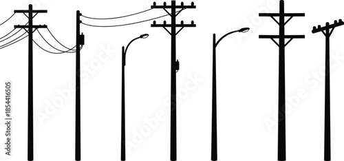 Silhouette of utility poles and street lights with electric power lines on white background, city electricity infrastructure, energy distribution system