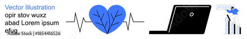 Healthcare, technology, analytics, wellness, digital tools, data monitoring. A blue heart with a tree-thumbs up pattern, a laptop and graph visual. Healthcare and technology conceptual ion
