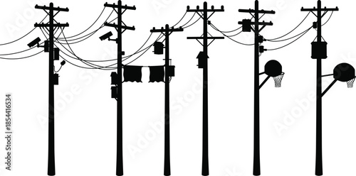Silhouette of utility poles with electric wires, CCTV cameras, transformers, and basketball hoops showing urban energy, security, and recreation infrastructure.