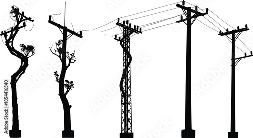 Silhouette of electric poles and trees with power lines, creative energy infrastructure illustration, industrial design concept, electricity transmission art