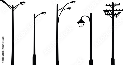 Silhouette of various modern and vintage street light poles with lamps, electric utility pole, outdoor lighting design, and urban infrastructure