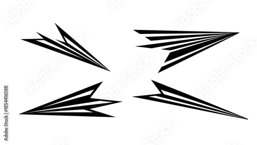 Set of abstract geometric arrow shapes and stylized flight design elements for automotive graphics