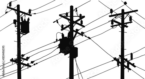 Silhouette of electric utility poles with transformers and power lines, detailed black and white vector illustration for industrial energy concept design.