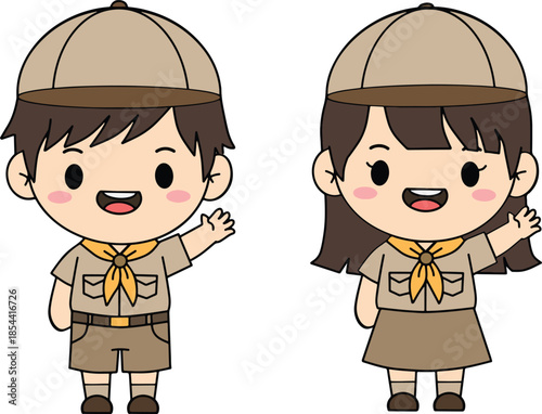 Cute boy and girl scouts waving in uniform with tan hats