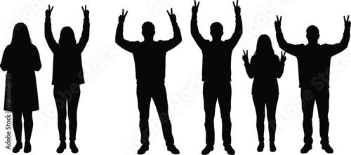 Silhouette people standing, peace sign gesture, group unity, individuality concept, teamwork illustration, family together, diversity expression, abstract art, lifestyle freedom, posture