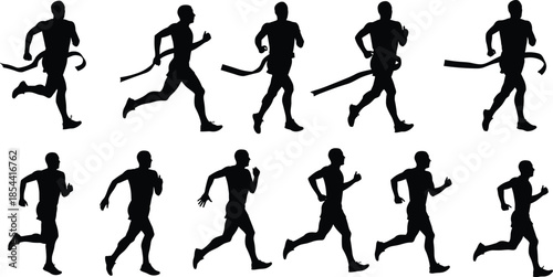 Silhouette of male runner crossing finish line, athletic race motion sequence, marathon running action, sports competition, fitness and victory concept.