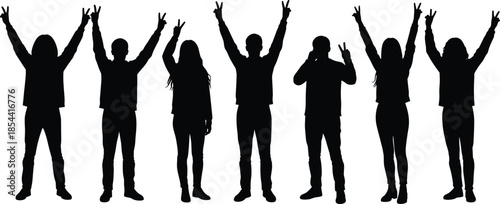 Silhouette people standing, peace sign gesture, group unity, individuality concept, teamwork illustration, family together, diversity expression, abstract art, 