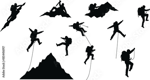 Silhouette of mountaineers climbing high rocky mountains using ropes, teamwork adventure concept, outdoor exploration challenge, extreme sport, success achievement scene.