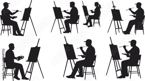 Silhouette sequence of artists painting on canvases, creative art class workshop, people with brushes and palettes, artistic expression activity illustration