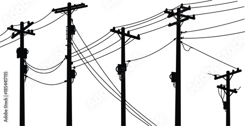 Silhouette of multiple electric utility poles with power lines and transformers, black and white energy transmission infrastructure illustration design