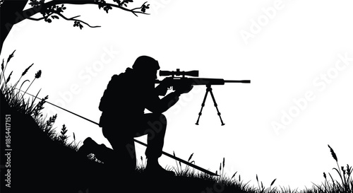 Silhouette sniper aiming rifle, tactical soldier kneeling in grass, military marksman with scope, outdoor survival scene, precision shooting illustration background