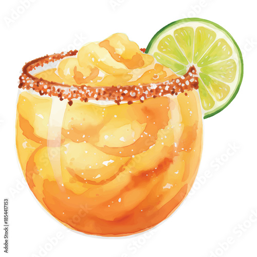 Mango Tango Daiquiri Cocktail Watercolor Vector Illustration Isolated on White Background
