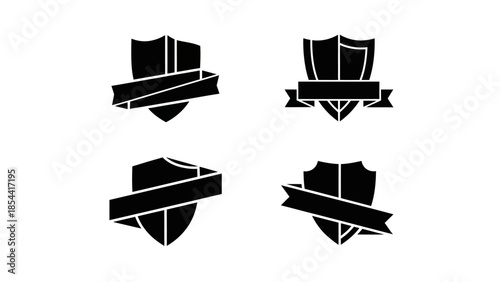 Set of four black shield and ribbon icons on a white background for design elements