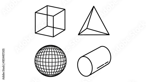 Set of four geometric shapes including a cube pyramid sphere and cylinder
