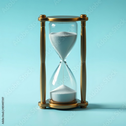 Classic hourglass with sand against a blue background, representing the passage of time.
