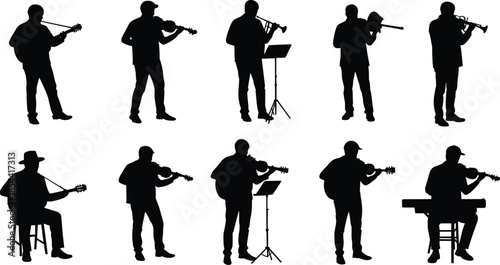 Silhouette of musicians playing instruments, guitar, violin, trumpet, trombone, and keyboard, performing band members isolated on white background illustration