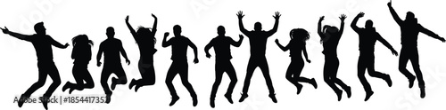 Silhouette of people jumping together, joyful group celebration, friendship, happiness, teamwork, freedom, fun energy, success, outdoor lifestyle, unity, positive emotion