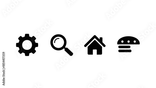 Set of four simple black flat icons on a white background including a gear magnifying glass house