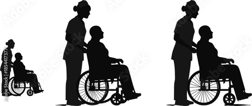 Silhouette of nurse assisting elderly patient in wheelchair, healthcare service, rehabilitation, and hospital care illustration on white background artwork