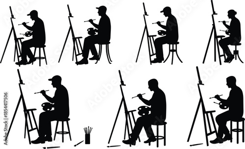 Silhouettes of artists painting on canvas, creative people with easels, black outline design, art studio scene, abstract artistic expression illustration