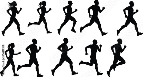 Silhouette of people running, jogging and exercising outdoors, fitness training, healthy lifestyle, motion, sport activity, wellness, workout, physical energy, teamwork