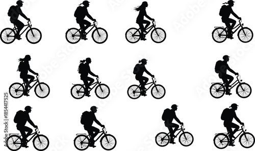 Silhouette of people riding bicycles, cycling motion, active lifestyle, outdoor exercise, eco transport, city commute, healthy living, adventure, travel, recreation, movement