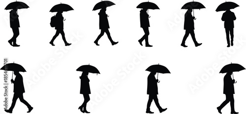 Silhouette of people walking with umbrellas in rain, urban crowd commuting on street, rainy day concept, monochrome illustration, weather scene.