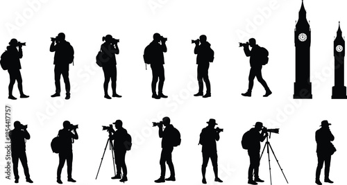 Silhouette of photographers taking pictures of Eiffel Tower, travel photography, city tourism, and landmark illustration on white background artwork