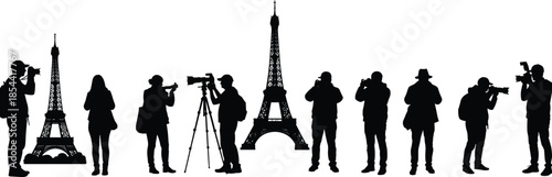 Silhouette of photographers capturing Eiffel Tower, travel photography, tourism, and city landmark illustration on white background with camera and tripodSilhouette of photographers capturing Eiffel 