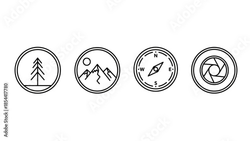Set of minimalist icons representing nature exploration photography and travel adventures