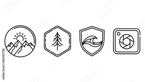 Set of minimalist outdoor adventure and nature themed icons for branding and design
