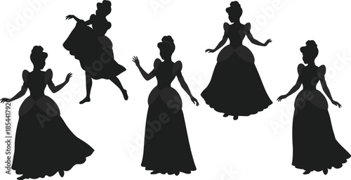 Silhouette of women in gowns, princess dress illustration, elegant female figures, fashion artwork, black design, graceful character poses