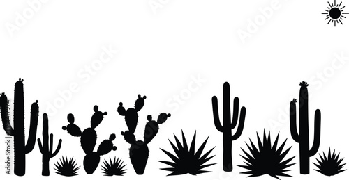 Silhouettes of desert landscape with cacti and agave, sun illustration, black outline design, abstract nature art, arid ecosystem decorative scene