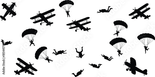 Silhouette of skydivers and airplanes in air, group parachuting, extreme adventure, freedom, teamwork, sky jump, adrenaline, and outdoor sport.
