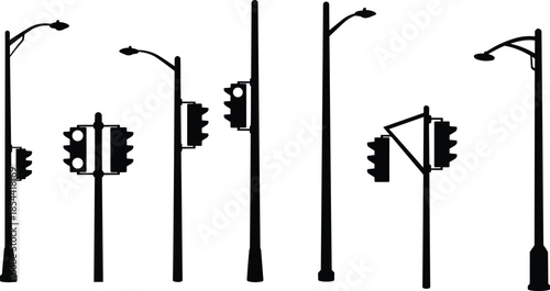 Silhouette of street lights and traffic signals, urban city infrastructure, modern road safety design, transportation control and public lighting system.