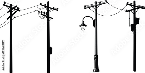 Silhouette of street lamps and power poles with electric cables, urban infrastructure illustration, black and white vintage vector city design