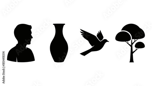 Silhouette collection of human figure vase bird and tree against white background