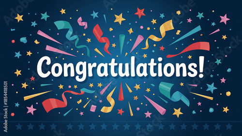 Congratulations text with colorful streamers and stars on a dark blue background greeting