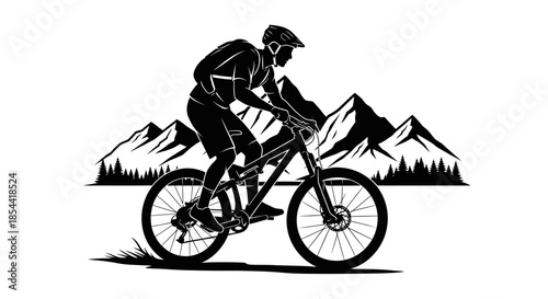 Silhouetted mountain biker riding against a backdrop of majestic mountains and pine trees