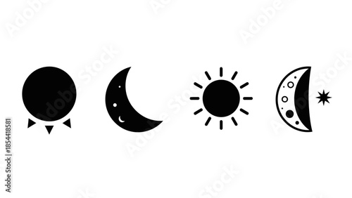 Simple Black and White Icons Representing Sun and Moon Cycles and Phases