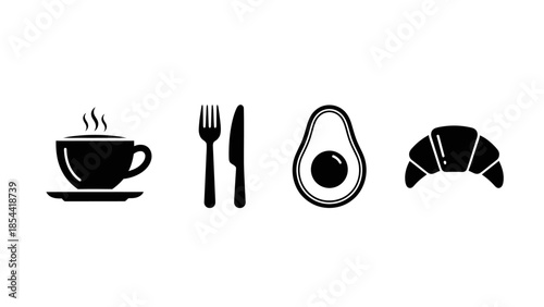 Simple black icons representing coffee cutlery avocado and croissant for breakfast