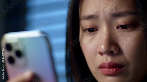 Emotional asian woman reacts to news on her smartphone with tears welling up in eyes