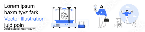 3D technology, innovation, creativity, teamwork, science, future design. A 3D printer creating a model, a person holding a lightbulb and another in a creative professional setting. 3D technology
